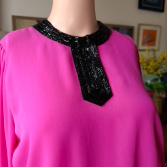 Vintage 80s Hot Pink & Black Beaded Dress - Picture 5 of 5